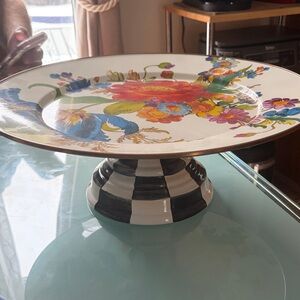 MacKenzie-Childs Flower Market Cake Stand w/ Classic Black & White Detailed Base